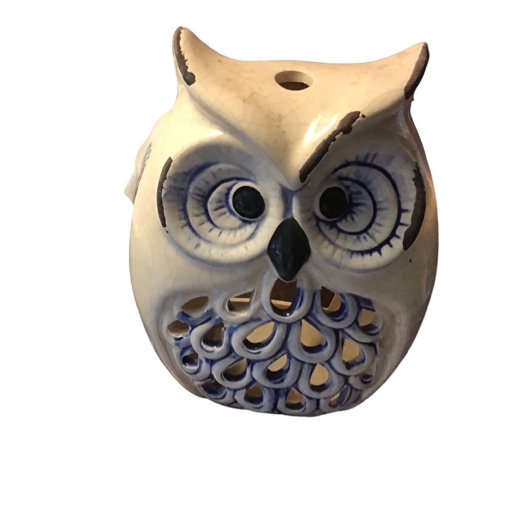 Vintage Tea Light Candle Cover in Blue/White Rustic Owl Design Home Patio Dining